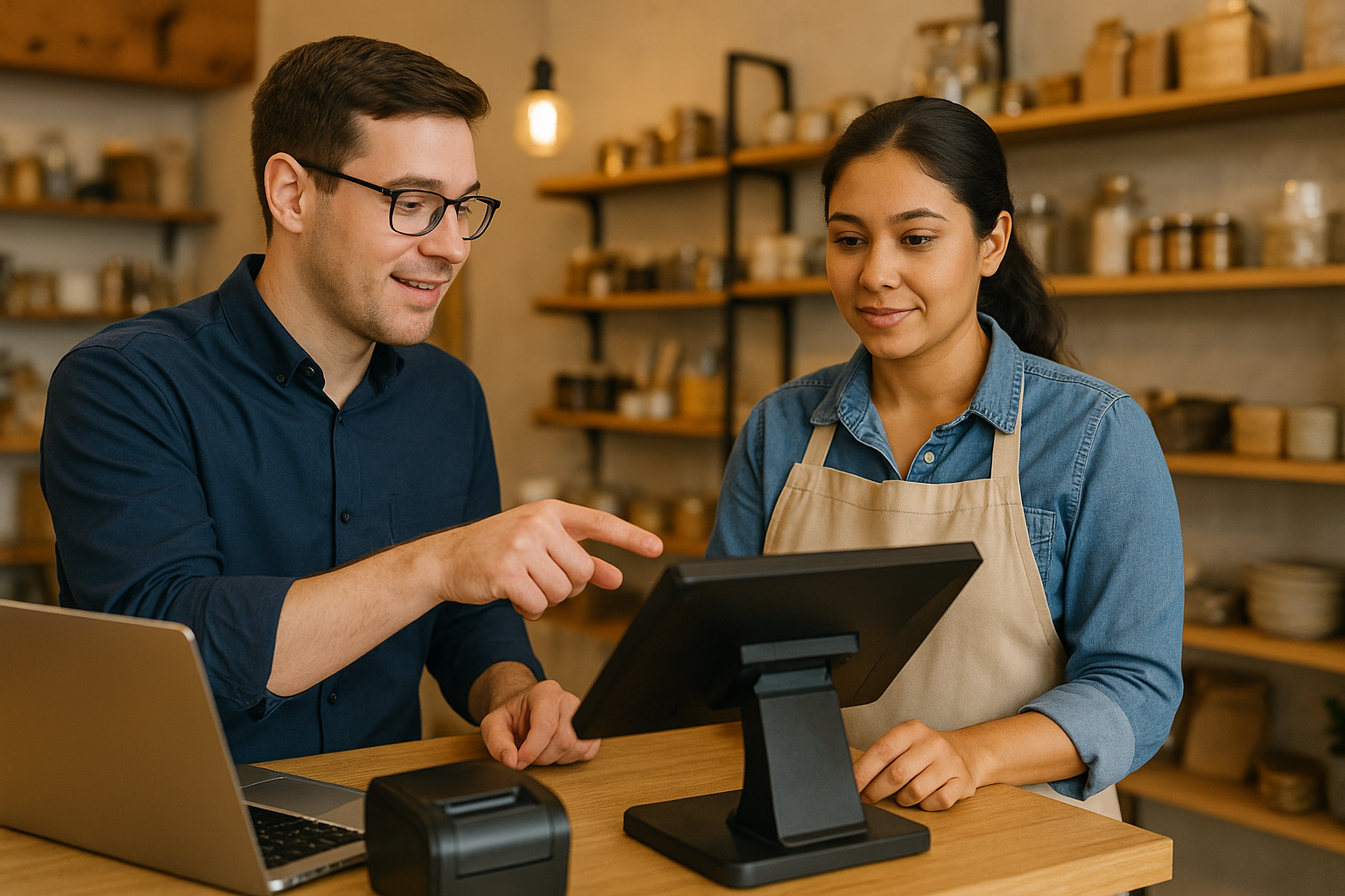 Technology partner training merchant on Rhombus POS